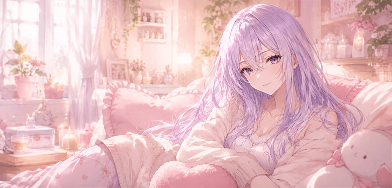ピンクの部屋でくつろぐシュナ