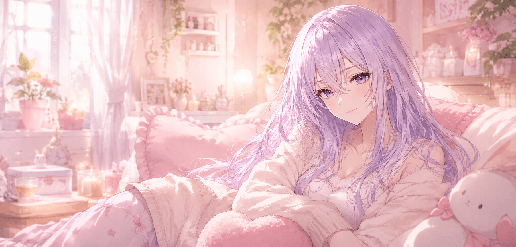 ピンクの部屋でくつろぐシュナ